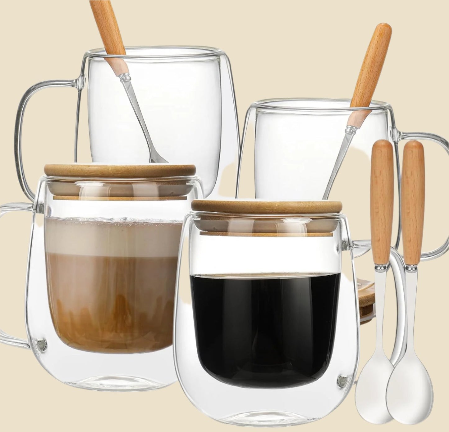 Double Wall Glass Coffee Mug 12 Oz, Glass Coffee Mug with Handle 【4 Sets】 - DWTS Coffee Mug with Lid and Spoon for Americano, Cappuccino, Latte, Espresso