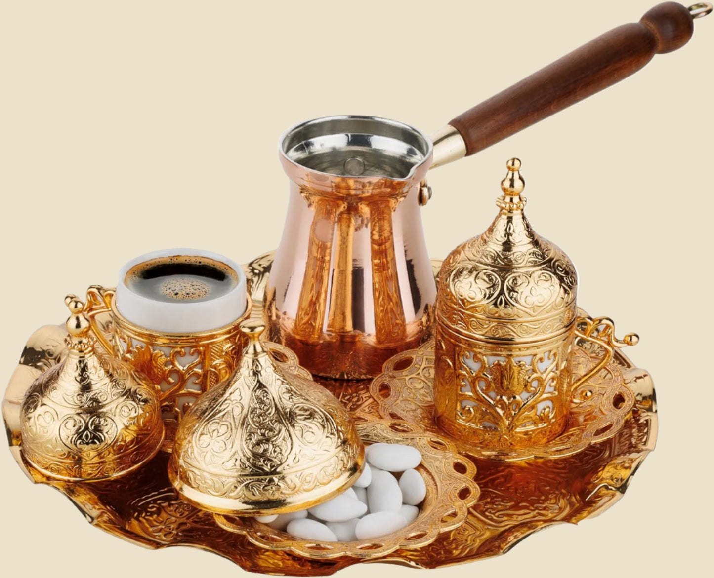 Turkish Greek Arabic Coffee Making and Serving Full Set with Cups, Saucers, Lids, Sugar Bowl, Tray and Antiqued Copper Coffee Pot, 12 Pcs (Antique Brass)