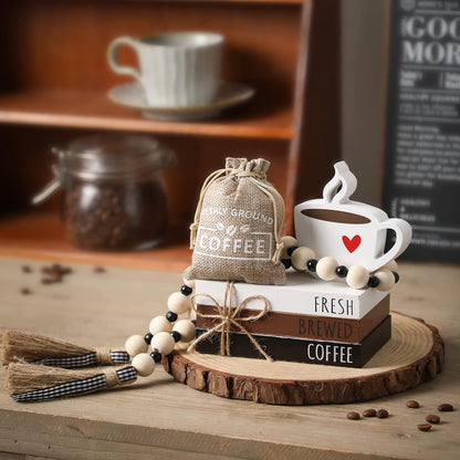 6 PCS Coffee Bar Decor Mini Coffee Bar Accessories Coffee Bar Sign Coffee Tiered Tray Decor Coffee Wooden Book Stacks Rustic Farmhouse Coffee Table Sign