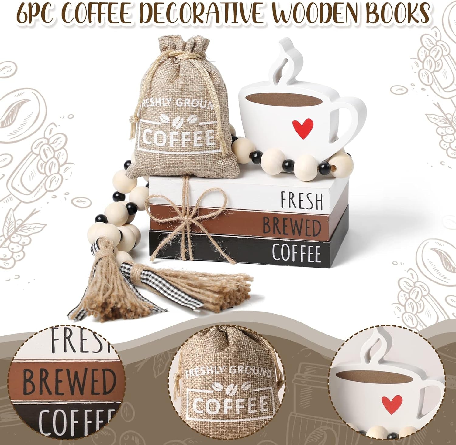 6 PCS Coffee Bar Decor Mini Coffee Bar Accessories Coffee Bar Sign Coffee Tiered Tray Decor Coffee Wooden Book Stacks Rustic Farmhouse Coffee Table Sign