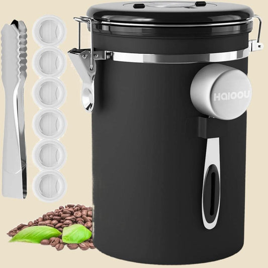 Airtight Coffee Canister, 22OZ Large Stainless Steel Coffee Bean Storage Container with Date Tracker, Measuring Scoop, 6Pcs CO2 Valves and Mini Tongs for Beans, Grounds, Sugar and More - Black