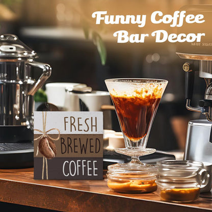 Coffee Bar Decor, Coffee Table Accessories, Coffee Wood Signs Decor for Coffee Bar, Fresh Brewed Coffee Wooden Box Block Sign Decorations, 5X5