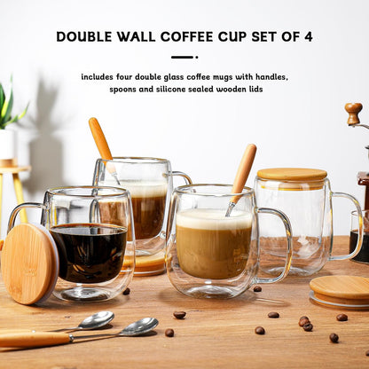 Double Wall Glass Coffee Mug 12 Oz, Glass Coffee Mug with Handle 【4 Sets】 - DWTS Coffee Mug with Lid and Spoon for Americano, Cappuccino, Latte, Espresso