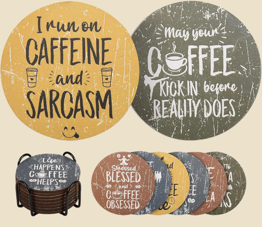 Funny Coasters for Coffee Table - Set of 8 with Holder, Absorbent Cork Base for Tabletop Protection, Made of Engineered Wood, Ideal for Housewarming, Birthday, Anniversary, Corporate Gift