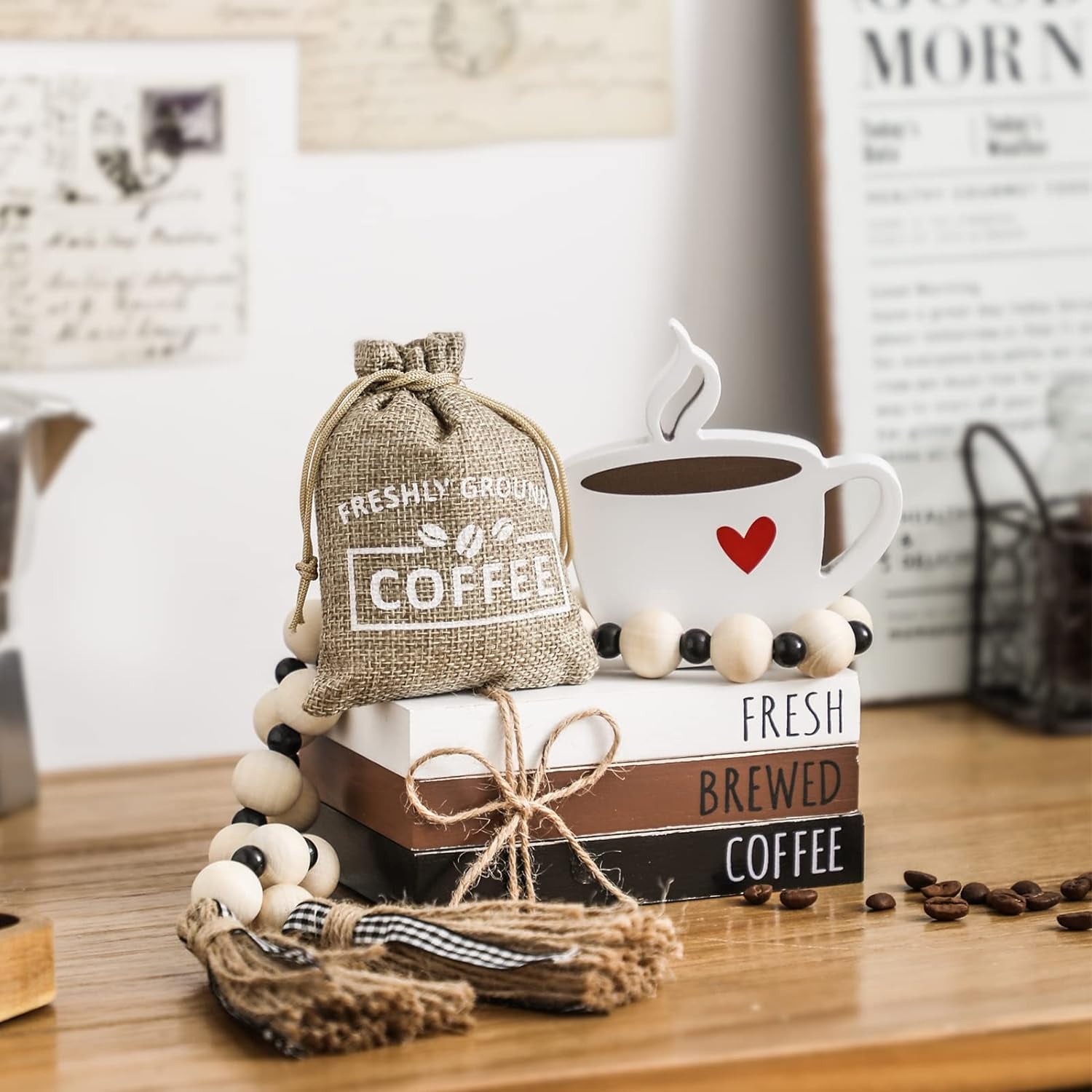 6 PCS Coffee Bar Decor Mini Coffee Bar Accessories Coffee Bar Sign Coffee Tiered Tray Decor Coffee Wooden Book Stacks Rustic Farmhouse Coffee Table Sign