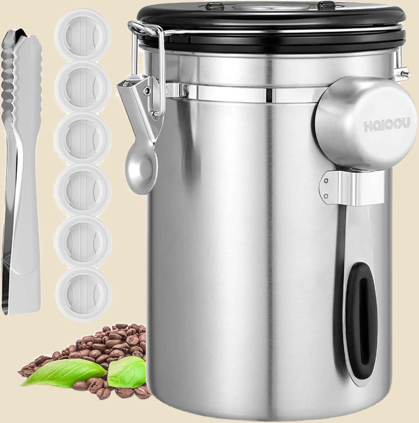 Airtight Coffee Canister, 22OZ Large Stainless Steel Coffee Bean Storage Container with Date Tracker, Measuring Scoop, 6Pcs CO2 Valves and Mini Tongs for Beans, Grounds, Sugar and More - Black