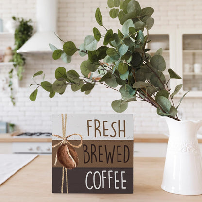 Coffee Bar Decor, Coffee Table Accessories, Coffee Wood Signs Decor for Coffee Bar, Fresh Brewed Coffee Wooden Box Block Sign Decorations, 5X5