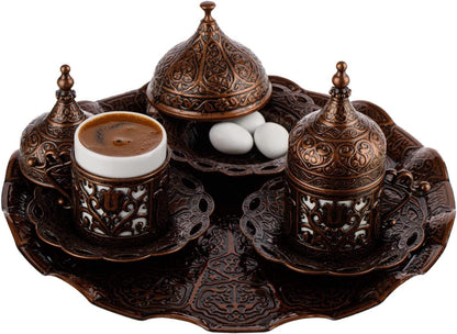 Turkish Greek Arabic Coffee Making and Serving Full Set with Cups, Saucers, Lids, Sugar Bowl, Tray and Antiqued Copper Coffee Pot, 12 Pcs (Antique Brass)