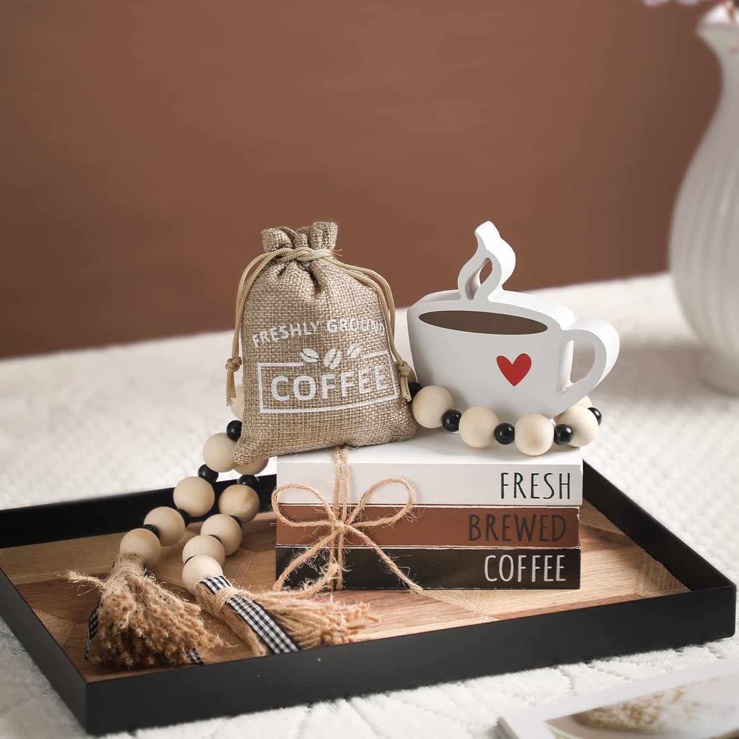 6 PCS Coffee Bar Decor Mini Coffee Bar Accessories Coffee Bar Sign Coffee Tiered Tray Decor Coffee Wooden Book Stacks Rustic Farmhouse Coffee Table Sign