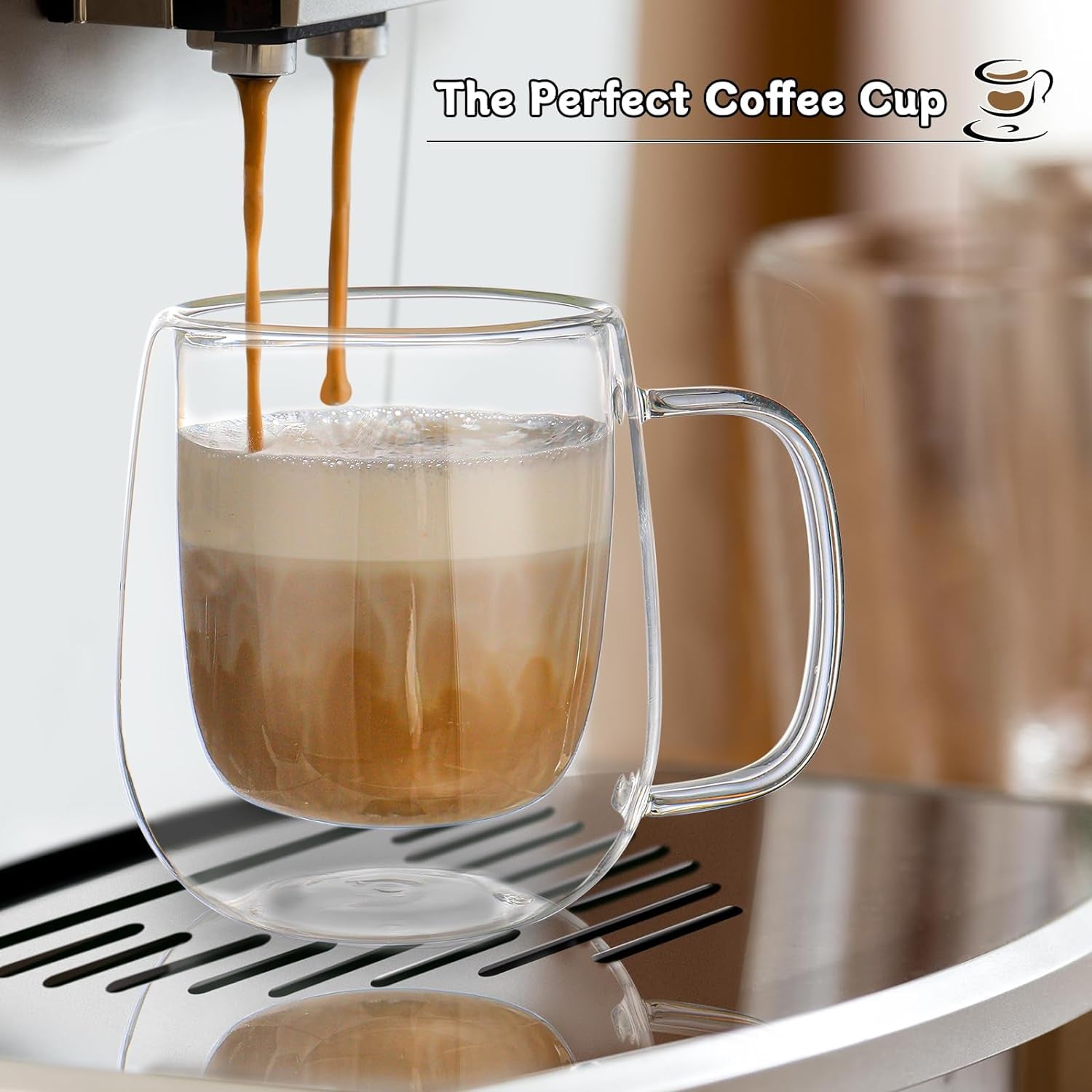 Double Wall Glass Coffee Mug 12 Oz, Glass Coffee Mug with Handle 【4 Sets】 - DWTS Coffee Mug with Lid and Spoon for Americano, Cappuccino, Latte, Espresso