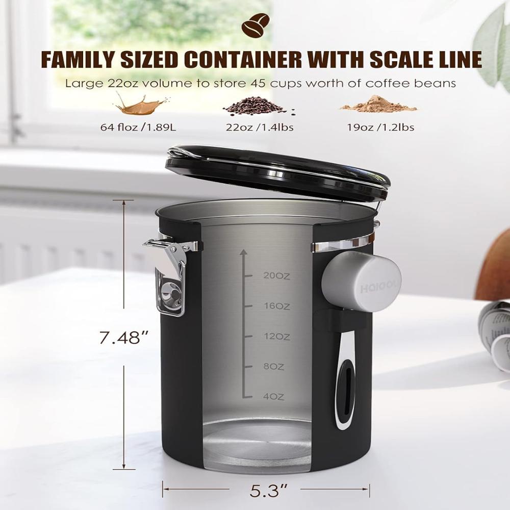 Airtight Coffee Canister, 22OZ Large Stainless Steel Coffee Bean Storage Container with Date Tracker, Measuring Scoop, 6Pcs CO2 Valves and Mini Tongs for Beans, Grounds, Sugar and More - Black