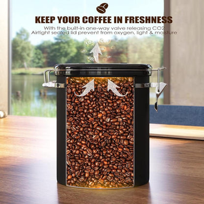 Airtight Coffee Canister, 22OZ Large Stainless Steel Coffee Bean Storage Container with Date Tracker, Measuring Scoop, 6Pcs CO2 Valves and Mini Tongs for Beans, Grounds, Sugar and More - Black