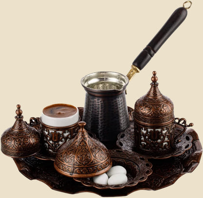 Turkish Greek Arabic Coffee Making and Serving Full Set with Cups, Saucers, Lids, Sugar Bowl, Tray and Antiqued Copper Coffee Pot, 12 Pcs (Antique Brass)